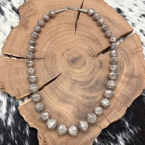 1960s Native American NAVAJO Sterling Silver Graduated Bead Necklace Stampings